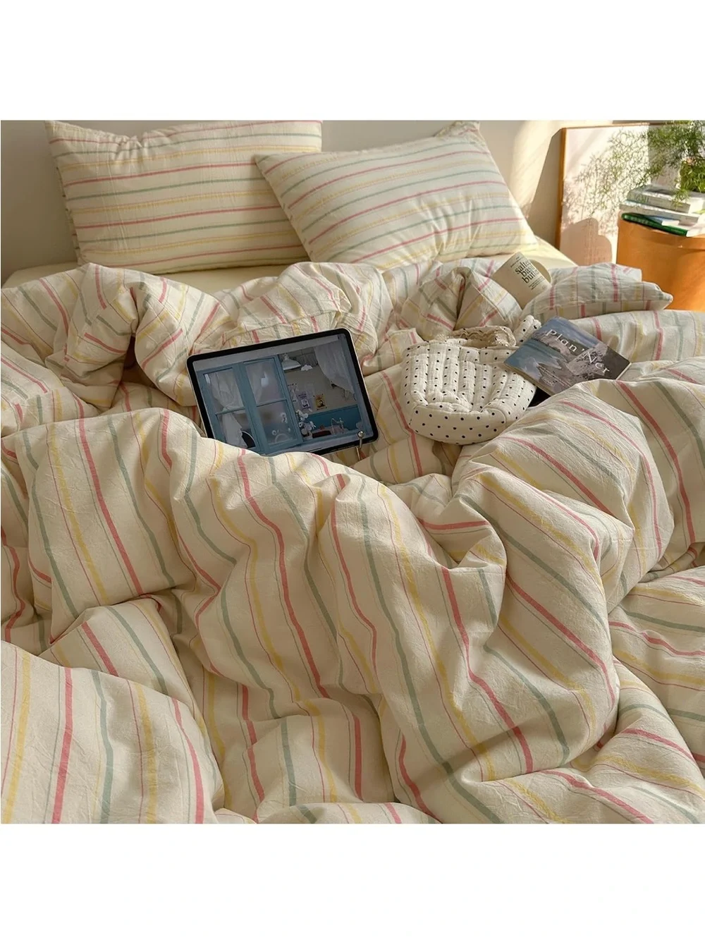 NEW Colorful 100% Cotton Striped Duvet Cover Pink Green Yellow, 3-Piece. Full